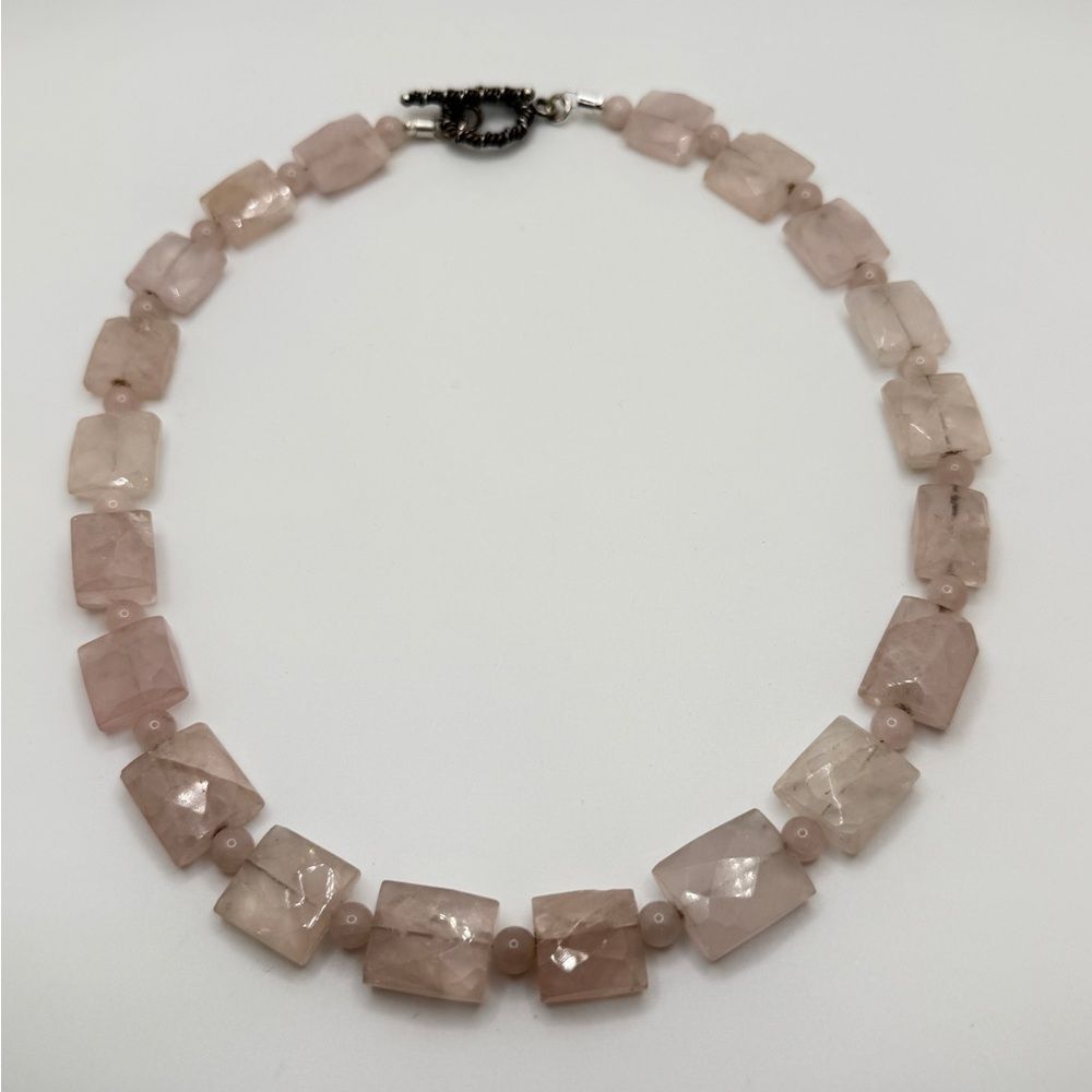 18" of FACETED 17x15mm ROSE QUARTZ w/ 6mm accent RQ beaded necklace, 925 clasp!
